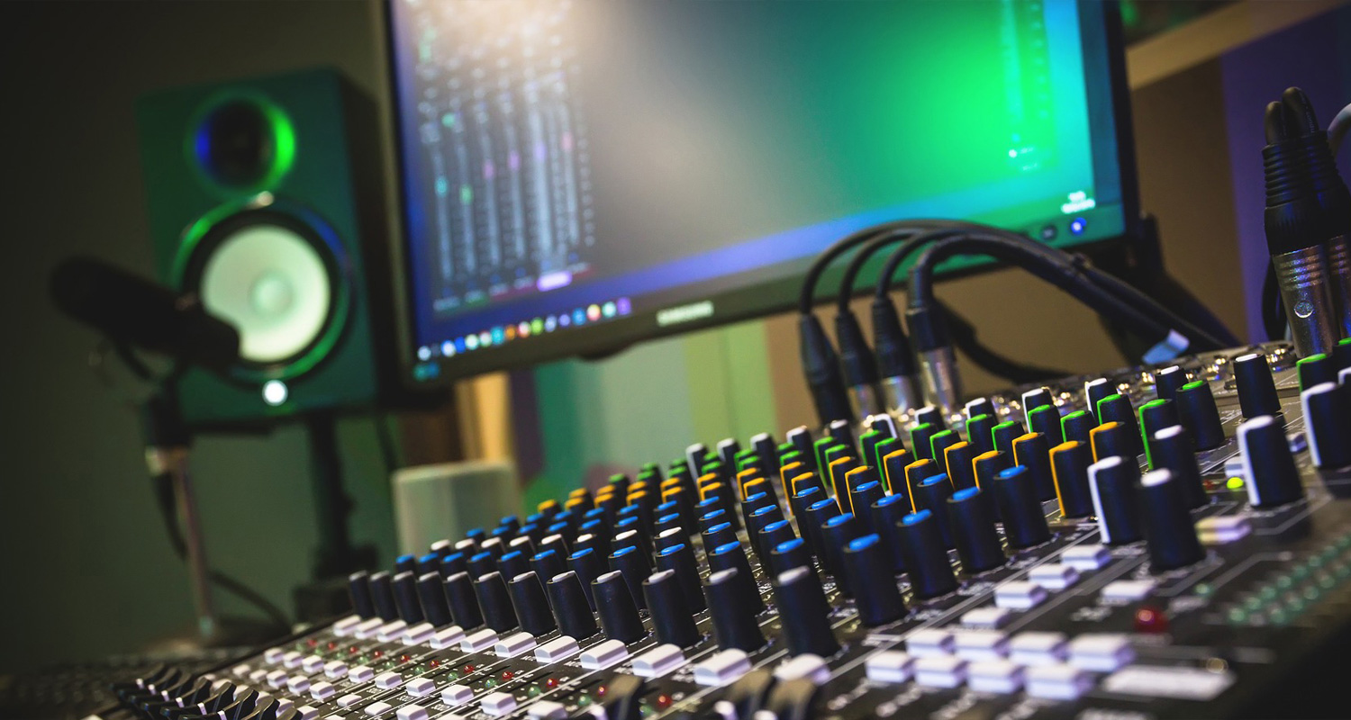 Studio D with academic level sound recording equipments